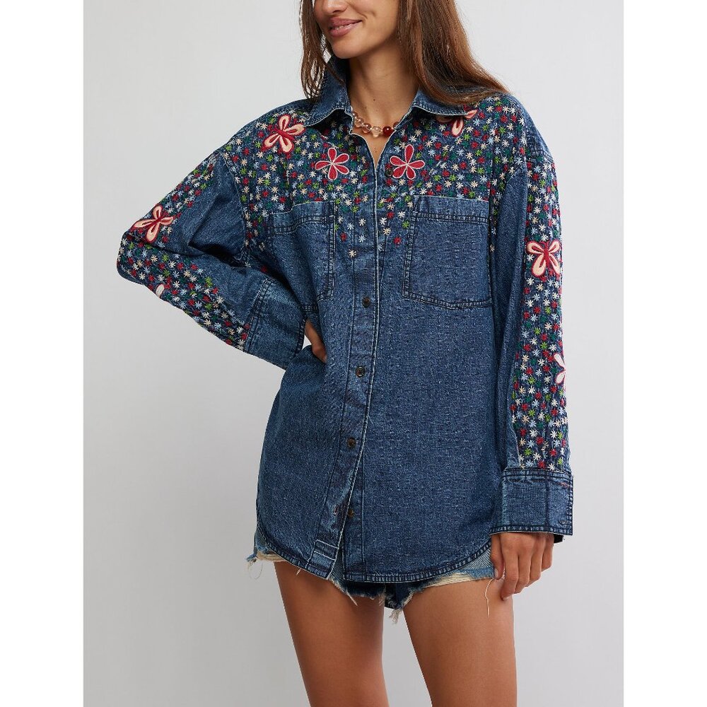 FREE PEOPLE Rainbow Embroidered Denim Shirt / Rinse Wash - Picture 4 of 6